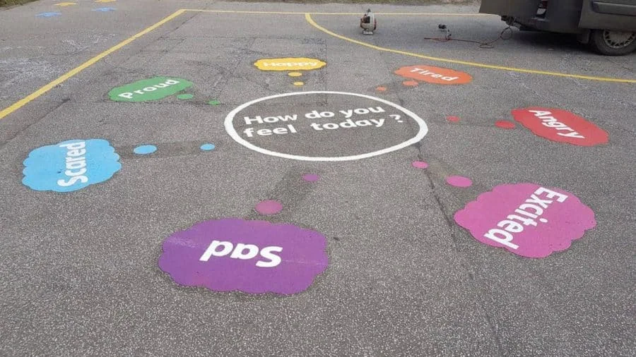 A school playground that has a painted mind map of emotions on it, The prompt question says "how do you feel today?" and the emotions surrounding the questions are sad, scared, proud, happy, tired, angry and excited. The colours that have been used for the painting are purple, pink, red, orange, yellow, green, blue and white.