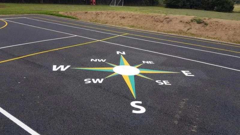A compass painted on new tarmac with white, yellow and green paint on a school playground.